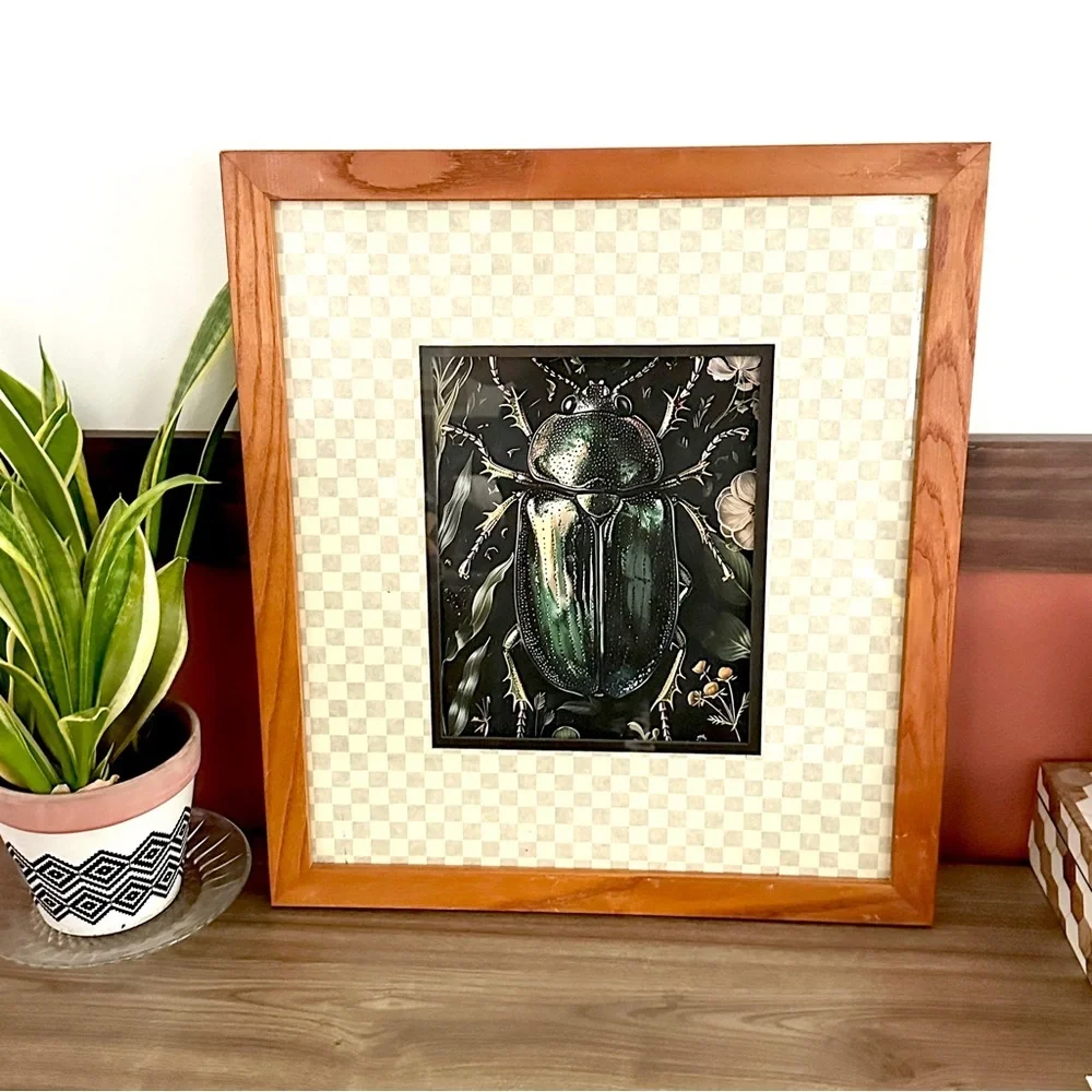 Scarab Beetle Dark Moody Canvas Print Checker Matted & Wood Framed Wall Art